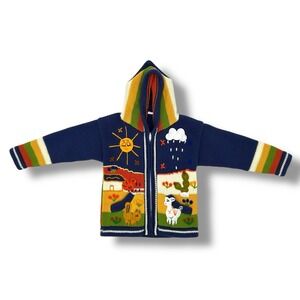 Kids Wool Blend Hooded Sweater Jacket Size 4 Llama Folk Art Zip Up Ecuador
